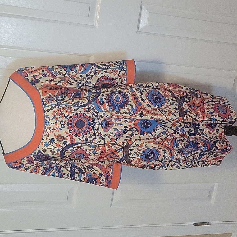 Gretchen Scott Magic Carpet Dress | Cream Orange Blue | Size M Scoop Neck 3/4 Sl